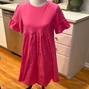 English Factory Hot Pink Ruffle Sleeve Cotton Dress, Sz M